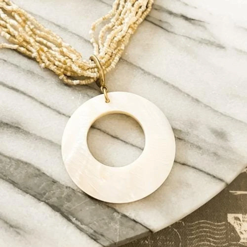 Y2K‎ Express Beaded Pendant Necklace | Cream Seed Beads + Round Medallion